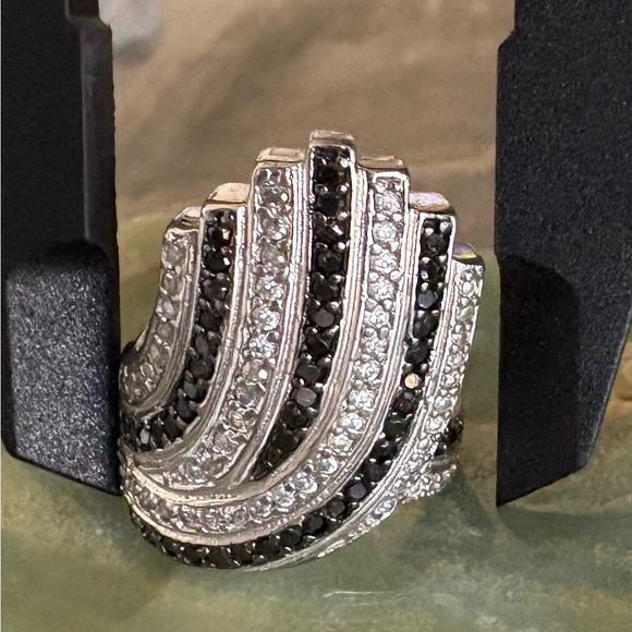 Jewelry - LARGE GENUINE Diamond Art Deco Ring White Black Diamonds Sz 7 925 Sterling S